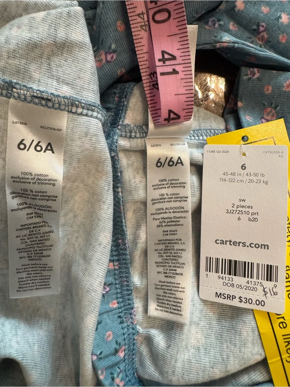 Carter's girls NWT Cotton Blue Floral Kids Pajama Set Sz 6/6A